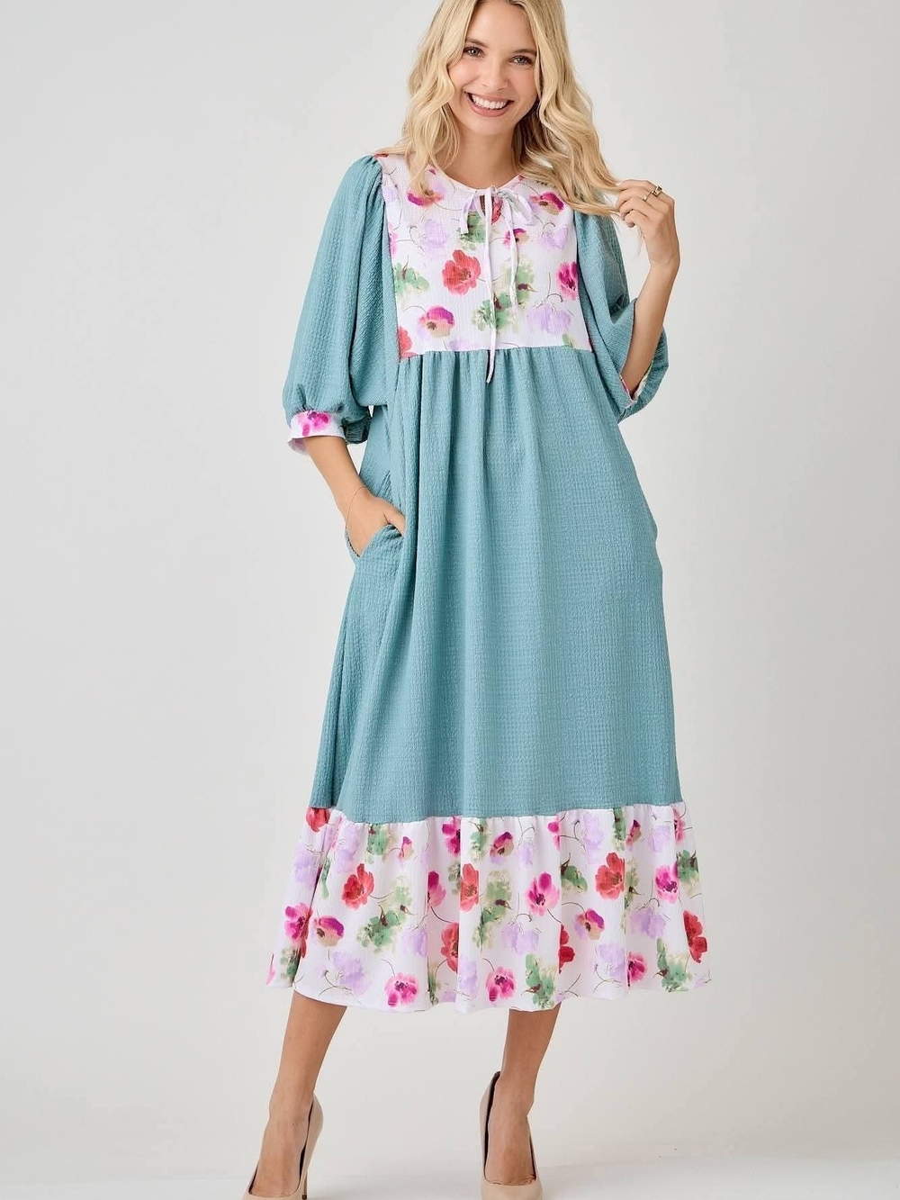 Celeste Teal Maxi Dress with Pink & Red Floral Trim